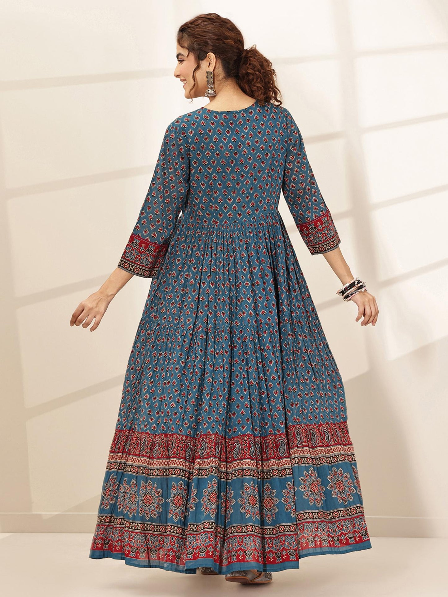 Cotton Blue Printed Fit and Flared Dress for Women