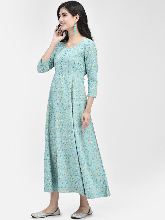 Span Floral Printed Cotton A-Line Midi Ethnic Dress