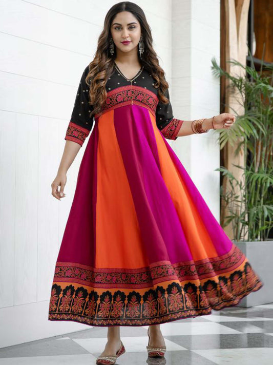 Black Multicolour Long Kalidaar Dress With Border Details