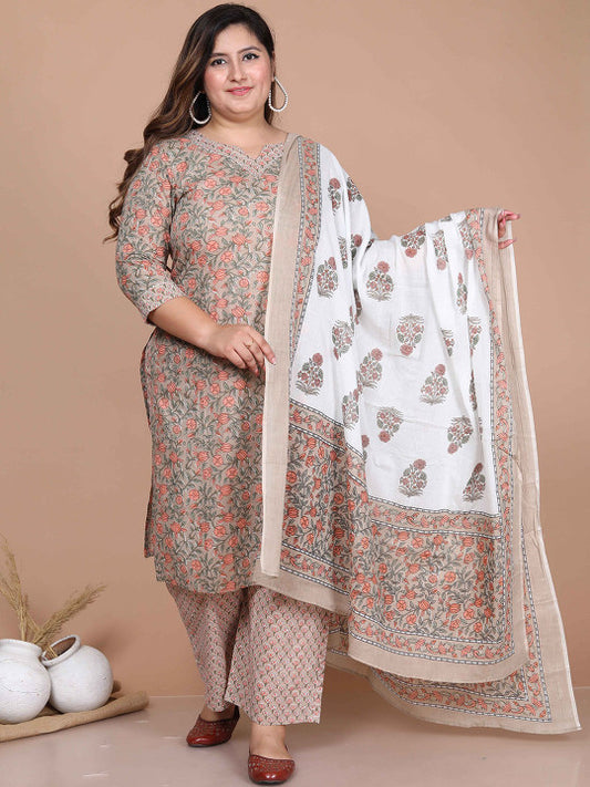 Floral Printed Pure Cotton Straight Kurta & Palazzos With Dupatta