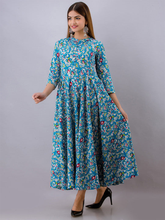 Floral Printed Pure Cotton Fit and Flare Ethnic Dress