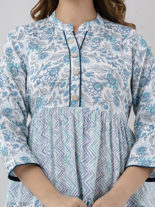 BAESD Floral Printed Mandarin Collar Gathered Tiered Fit & Flare Maxi Ethnic Dress