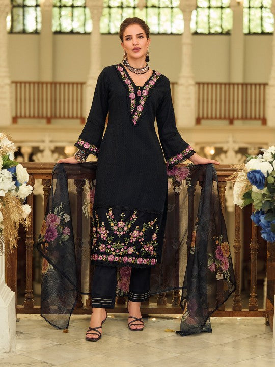 Varanga Women Floral Embroidered Cotton Kurta with Trousers & Dupatta