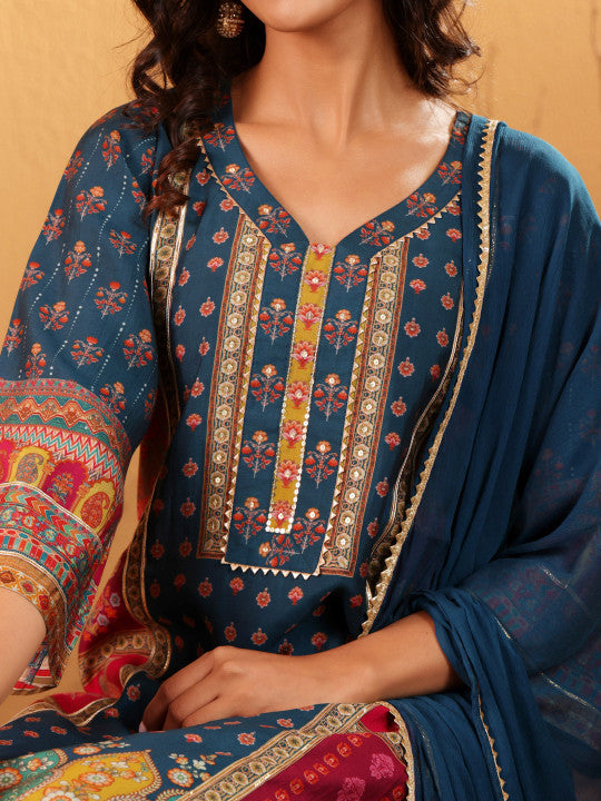 Varanga Ethnic Motifs Printed Sequnnied Chanderi Silk Kurta With Trousers And Dupatta