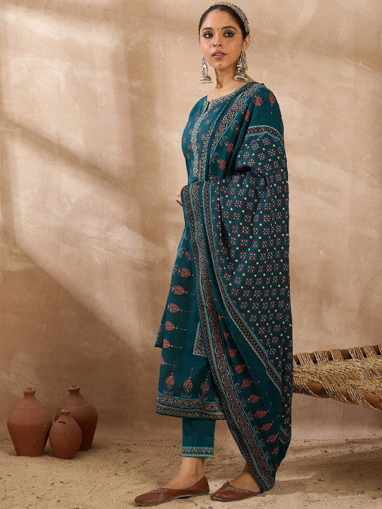 Indo Era Ethnic Motifs Printed Notch Neck Pure Cotton Kurta With Trousers & Dupatta