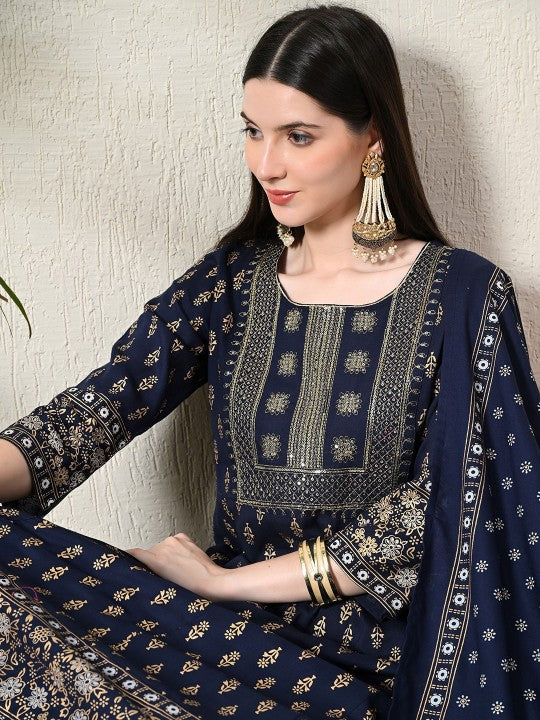 VIDHANI Women Floral Embroidered Panelled Kurta with Trousers & With Dupatta