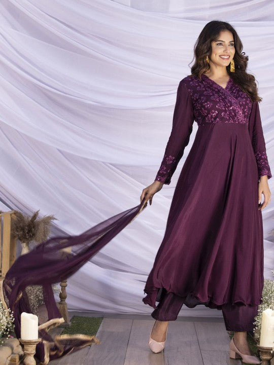 Floral Sequined Embroidered V-Neck Anarkali Kurta With Trouser And Dupatta
