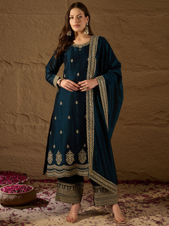 House of Pataudi Floral Embroidered Sequinned Straight Kurta With Trouser And Dupatta