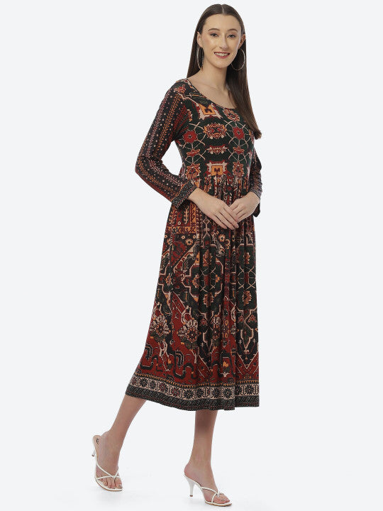 Biba Black & Red Cotton Ethnic Motifs Ethnic Midi Dress