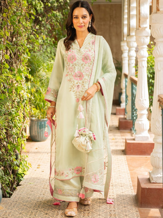 AJIESH OBEROI Floral Embroidered Regular Thread Work A-Line Kurta with Palazzos & With