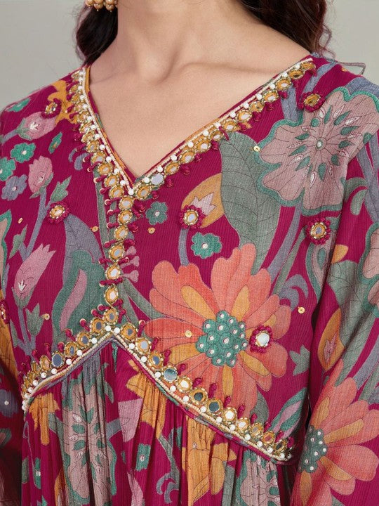 SZN Floral Printed V-Neck Empire Anarkali Kurta With Sharara & Dupatta