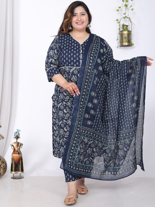 Swasti Plus Size Floral Printed V-Neck Pure Cotton Straight Kurta With Trouser & Dupatta
