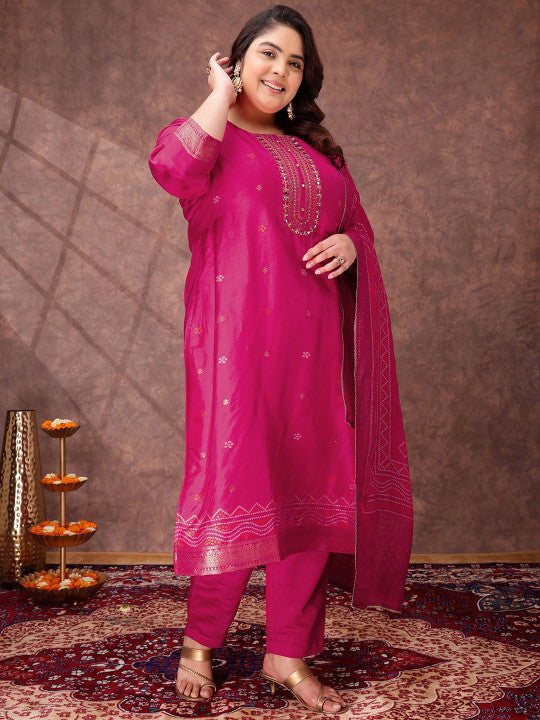 INDDUS PLUS Women Floral Yoke Design Regular Sequinned Kurta with Trousers & With Dupatta
