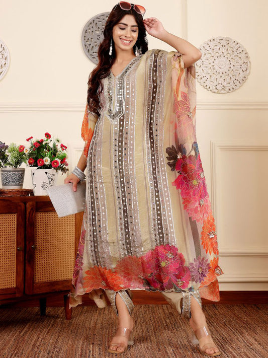 Varanga Women Floral Embroidered Regular Mirror Work Pure Silk Kurta with Dhoti Pants