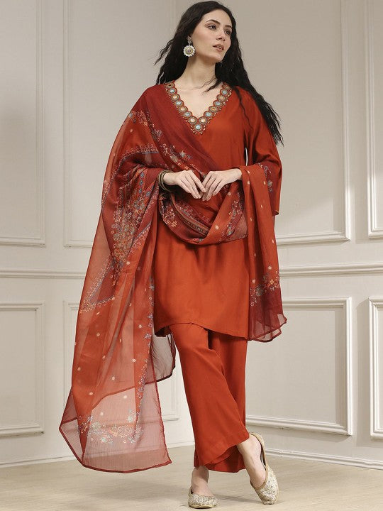 Biba Women Solid Kurta with Trousers & Dupatta
