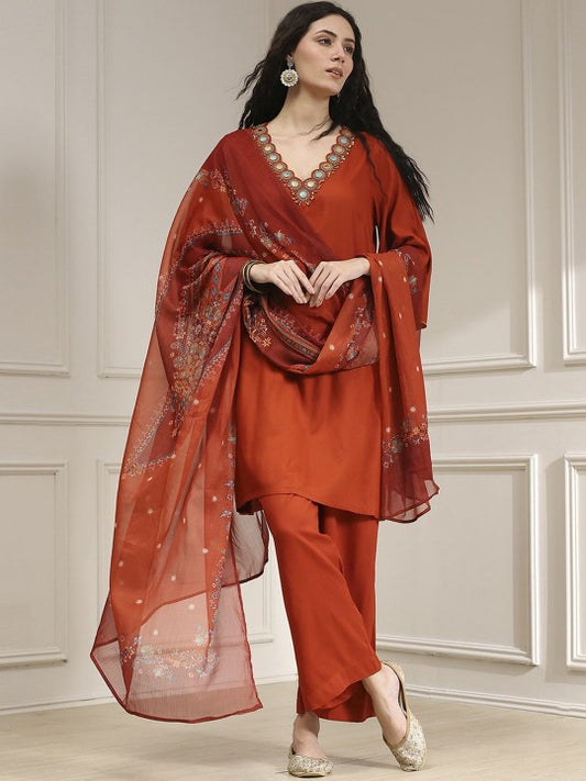 Biba Women Solid Kurta with Trousers & Dupatta