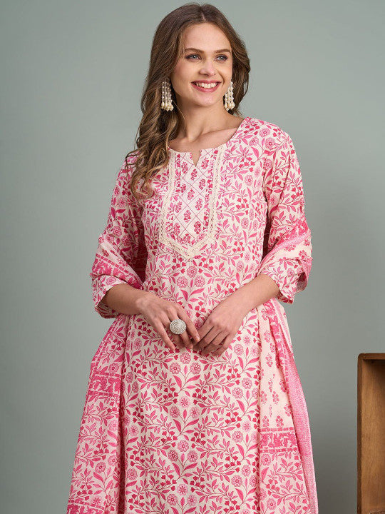FASHOR Women Floral Printed Regular Thread Work Pure Cotton Kurta with Trousers & With Dupatta