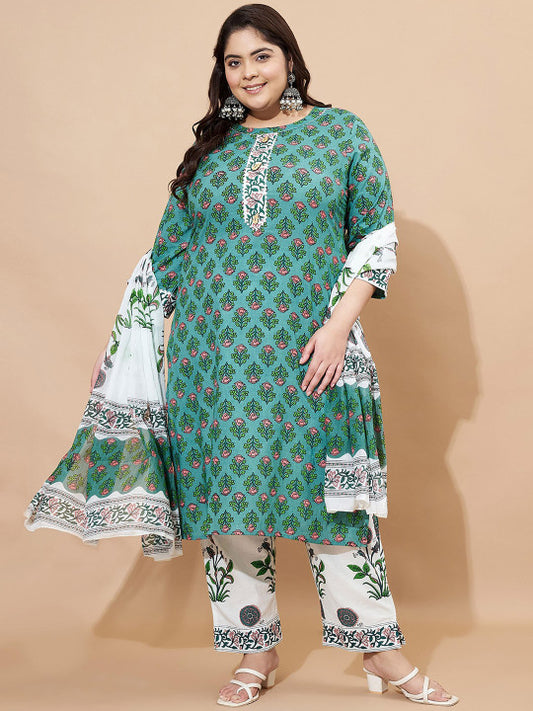Vbuyz Green Floral Printed Round Neck Regular Straight Kurta With Trouser With Dupatta