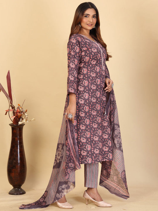 Floral Printed V Neck Pure Cotton Straight Kurta & Trousers With Dupatta