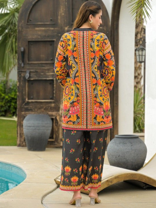 AUTUMN LANE Pavitra Ebony Printed Mandarin Collar Pure Cotton Tunic With Trousers Co-Ords