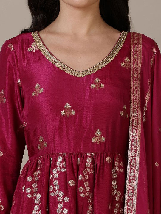 AURELIA Floral Self Design Beads and Stones A-Line Kurta with Palazzo & Dupatta
