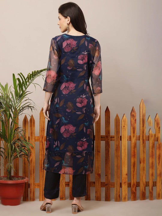 Amodra Floral Printed Beads and Stones Organza Kurta
