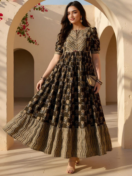 SZN Printed Tiered Flared Maxi Dress