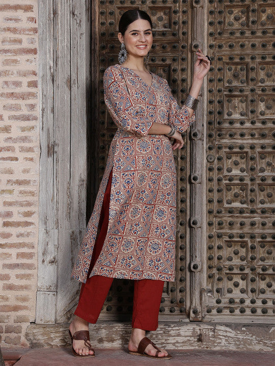 Taavi Ethnic Motifs Printed Bagru Straight Kurta with Trouser & Dupatta