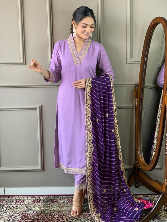 Embroidered V Neck Chanderi Silk Kurta With Trousers & Dupatta