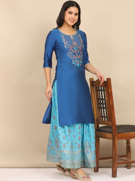 AURELIA Women Ethnic Motifs Yoke Design Regular Thread Work Kurta with Skirt & With Dupatta