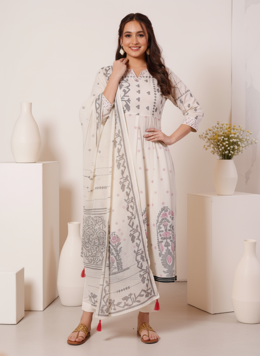 Embroidered Soft Cotton Geometric Anarkali Cream Kurta