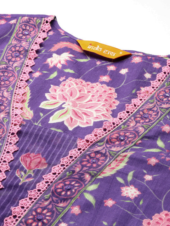 Indo Era Floral Printed Beads & Stones Pure Cotton Kurta with Trousers & With Dupatta