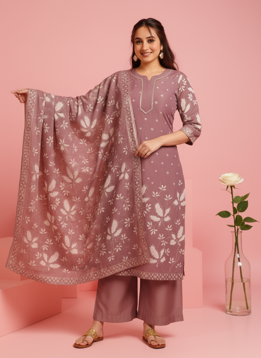 Embroidered Tussar Silk Placement Print Straight Mauve Kurta