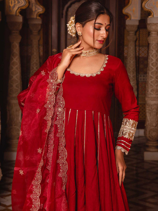 Calmna Gotta Patti Panelled Anarkali Kurta with Trousers & Dupatta