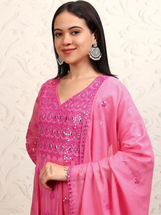 Vishudh Embroidered Pure Cotton Mirror Work Anarkali Kurta With Trousers & Dupatta
