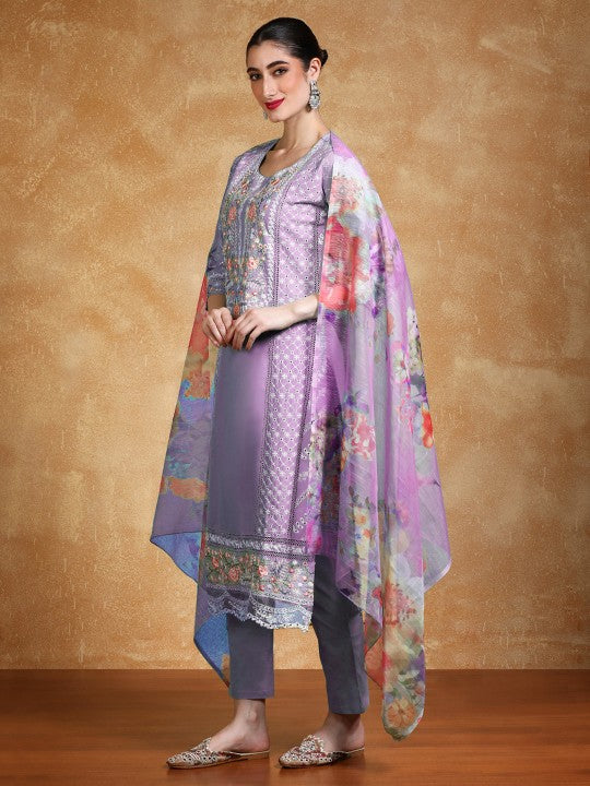 Varanga Women Floral Embroidered Kantha Work Pure Cotton Kurta Trousers & With Dupatta