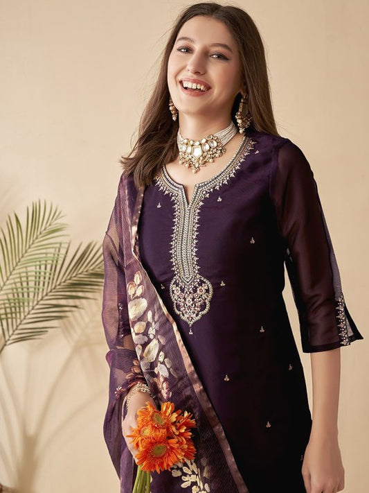 Anouk Violet Ethnic Motifs Embroidered Sequined Straight Kurta with Trousers & Dupatta