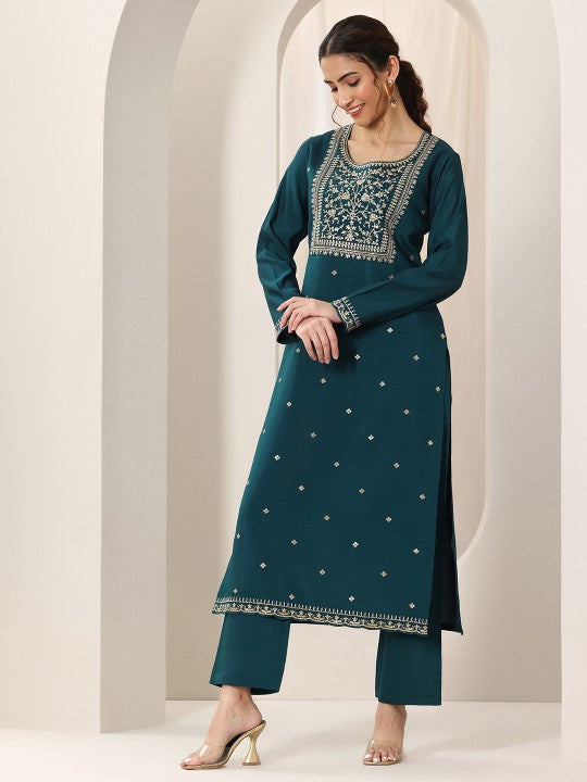 Gerua By Libas Floral Embroidered Round Neck Sequinned Straight Kurta