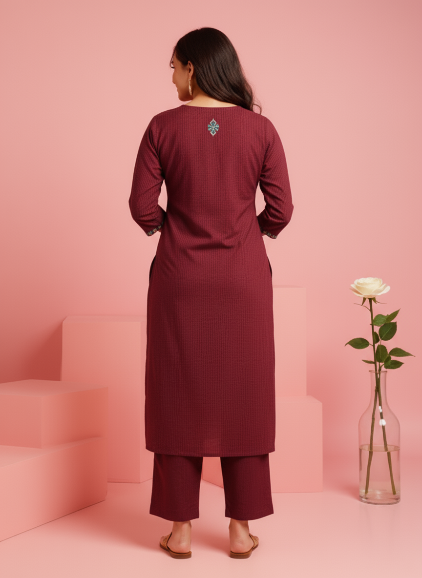 Embroidered Viscose Checked Straight Maroon Kurta