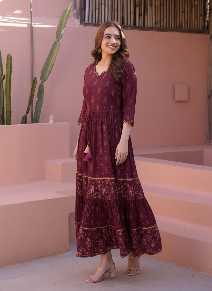 Viscose Floral Anarkali Wine Dress