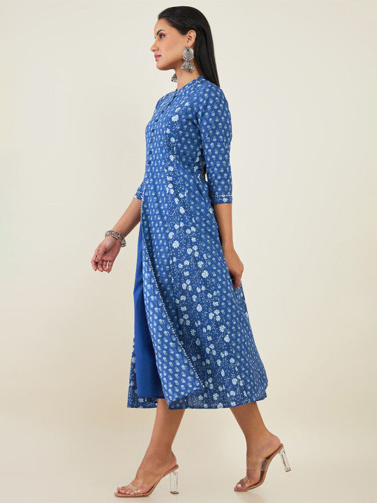 Mandarin Collar Floral Printed Cotton Fit & Flare Midi Ethnic Dress