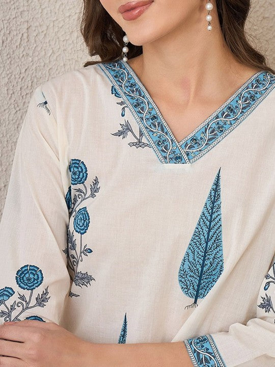Indo Era Printed V-Neck Pure Cotton Tunic With Trouser
