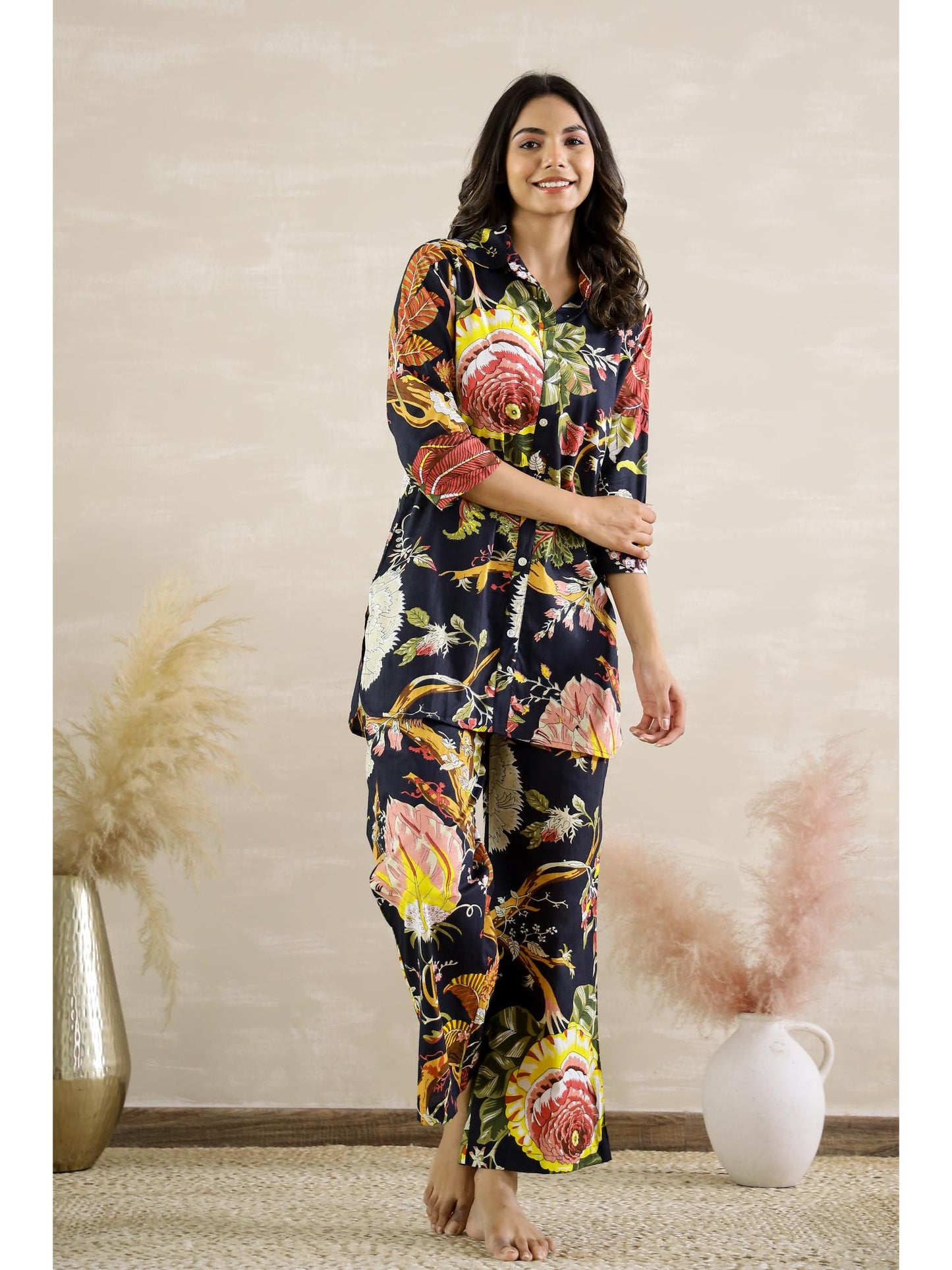 Womens Black Floral Party Cotton Co-Ord (Set of 2)