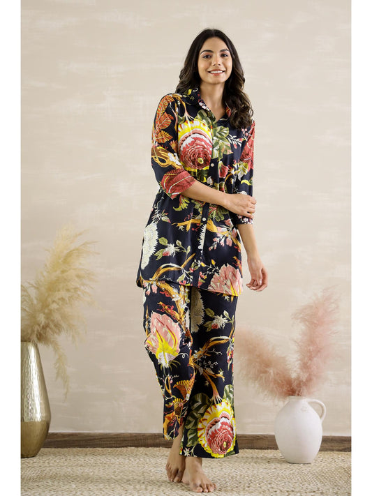 Womens Black Floral Party Cotton Co-Ord (Set of 2)