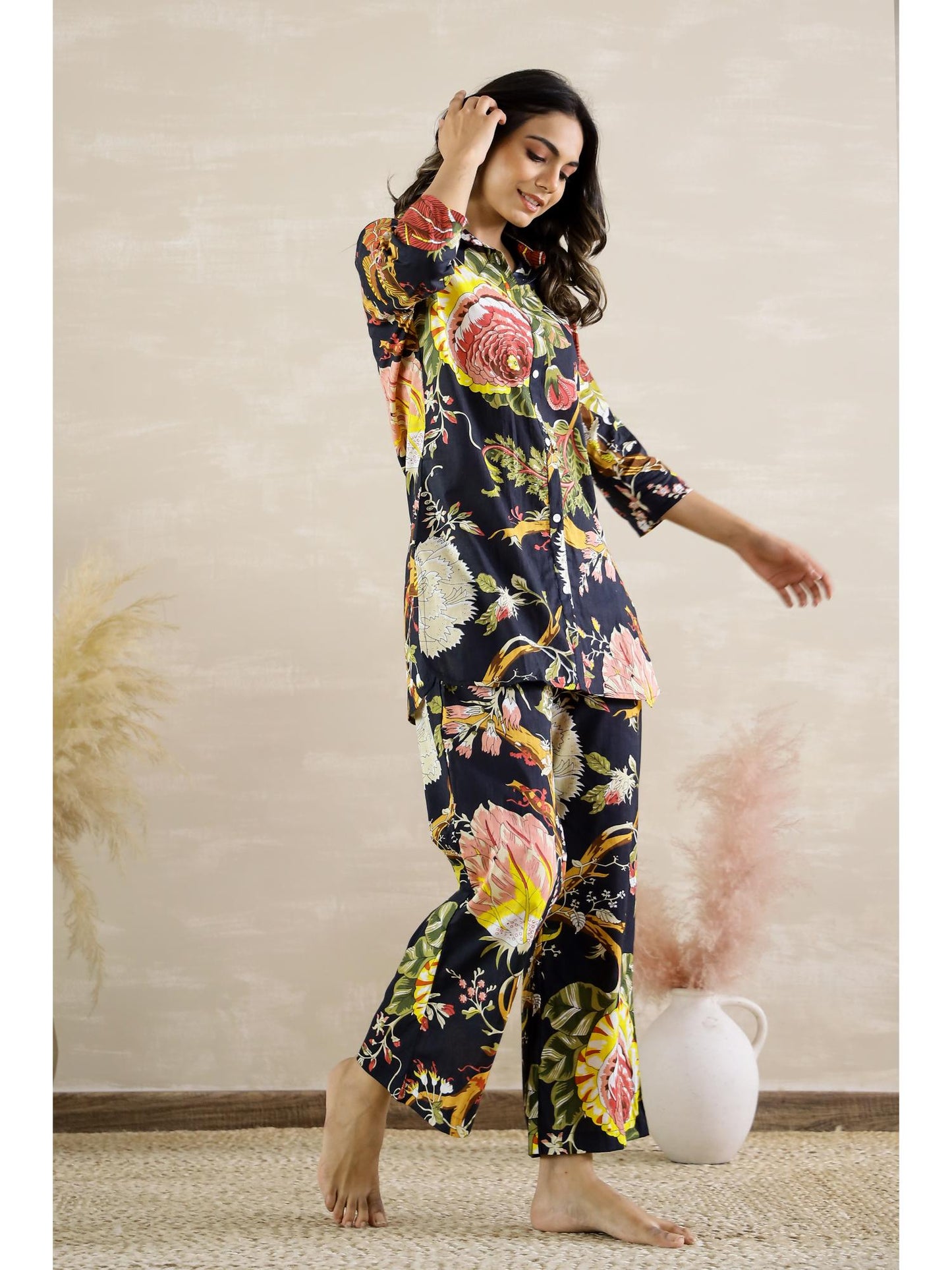 Womens Black Floral Party Cotton Co-Ord (Set of 2)
