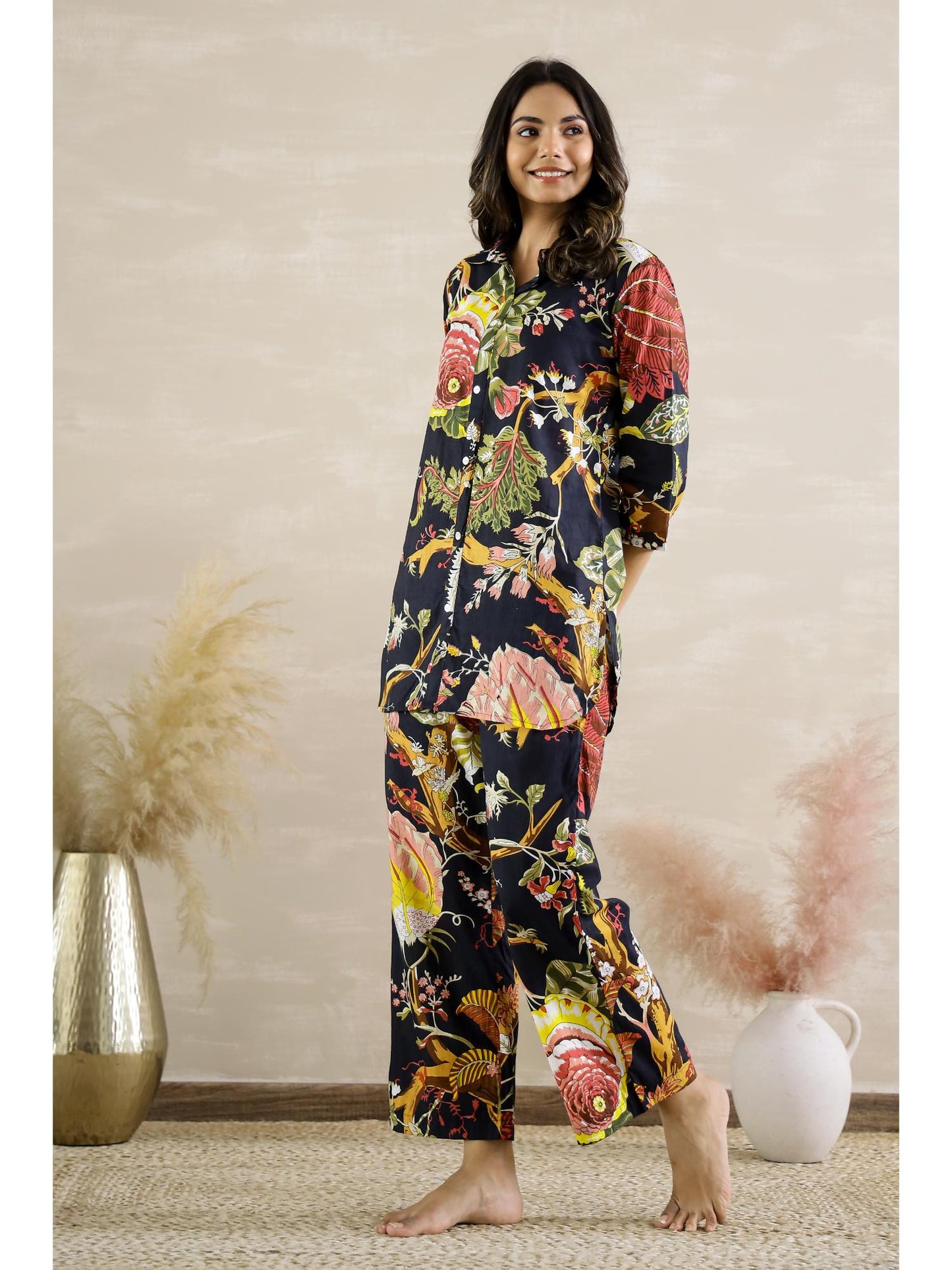 Womens Black Floral Party Cotton Co-Ord (Set of 2)
