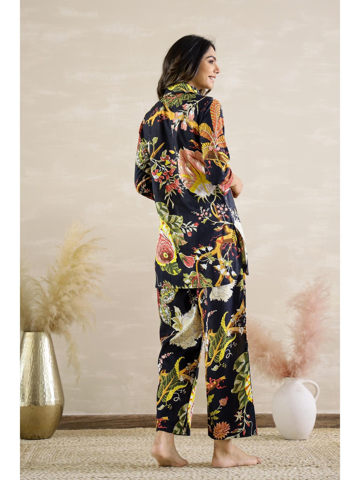 Womens Black Floral Party Cotton Co-Ord (Set of 2)