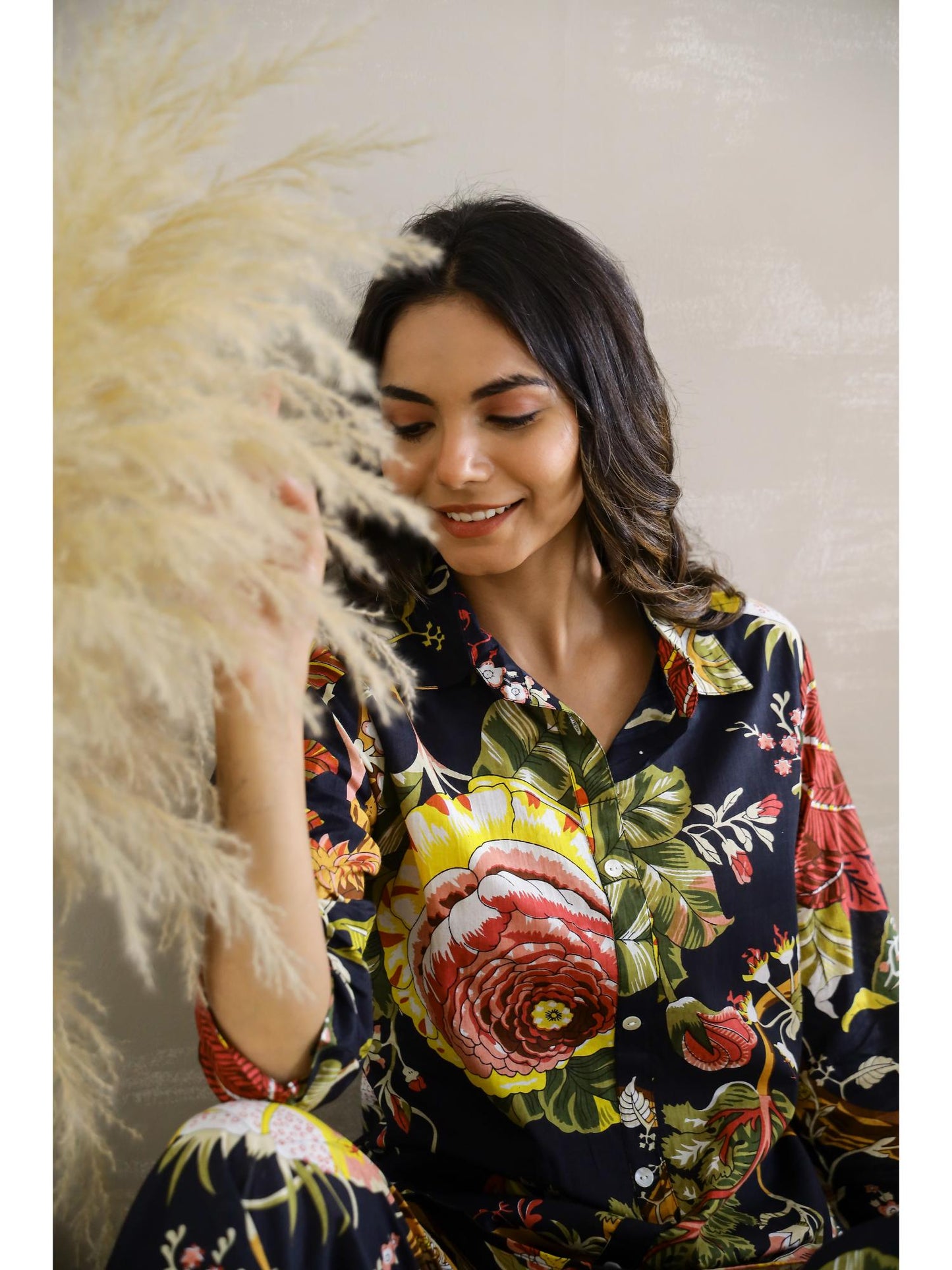 Womens Black Floral Party Cotton Co-Ord (Set of 2)