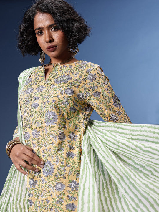Taavi Bagru Floral Printed Pure Cotton Kurta with Trousers & Dupatta