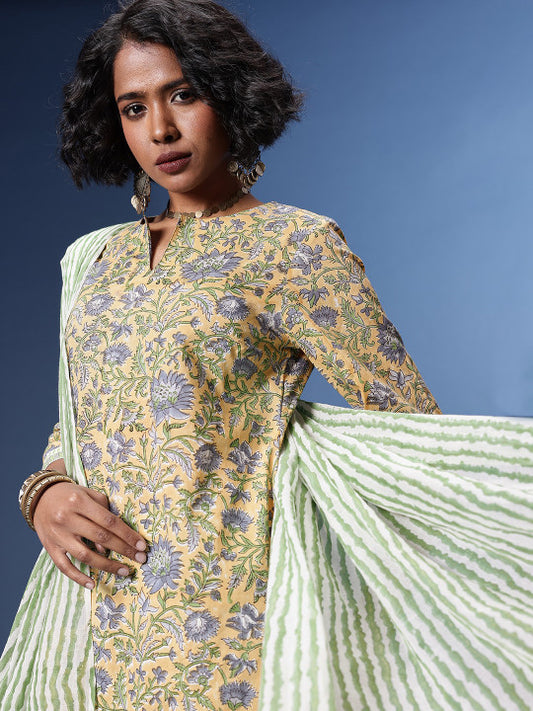 Taavi Bagru Floral Printed Pure Cotton Kurta with Trousers & Dupatta
